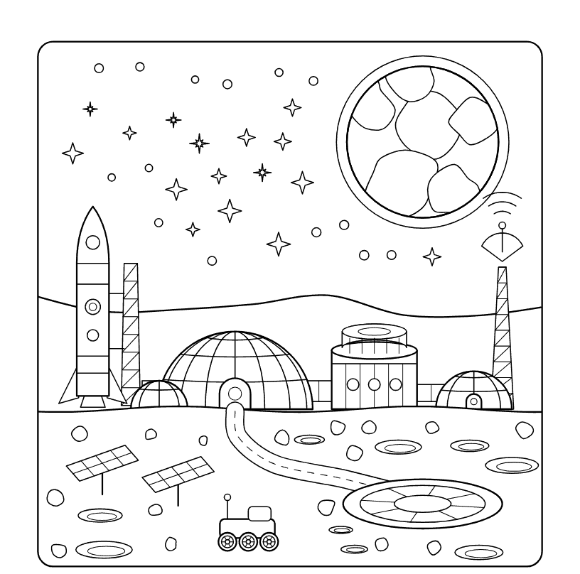 Coloring page: domes, a rocket and a rover at a base on the Moon