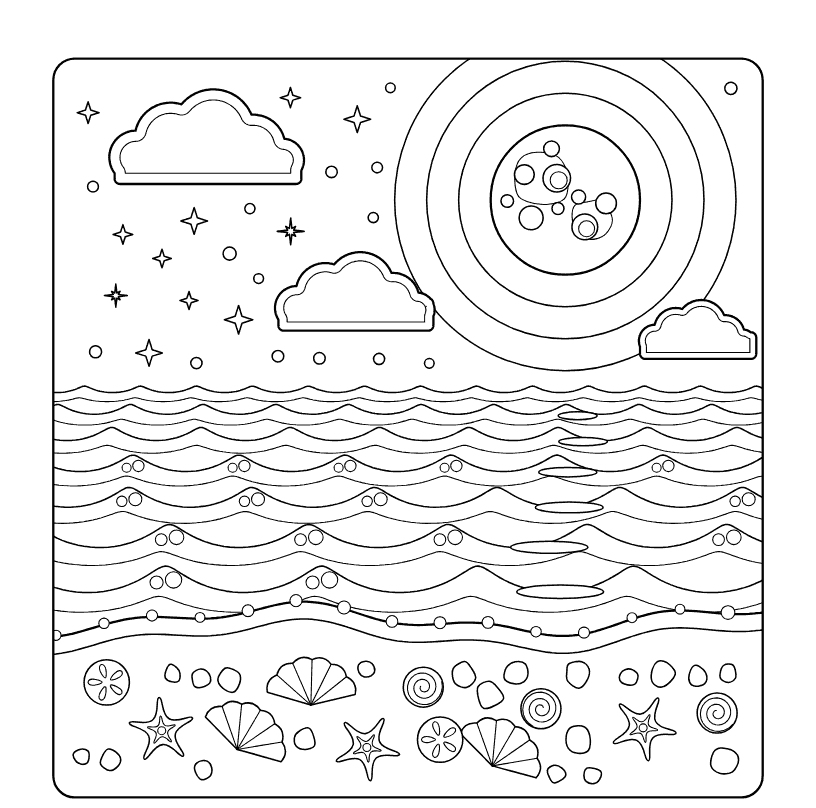 Coloring page: a full Moon over waves and a shore scattered with shells